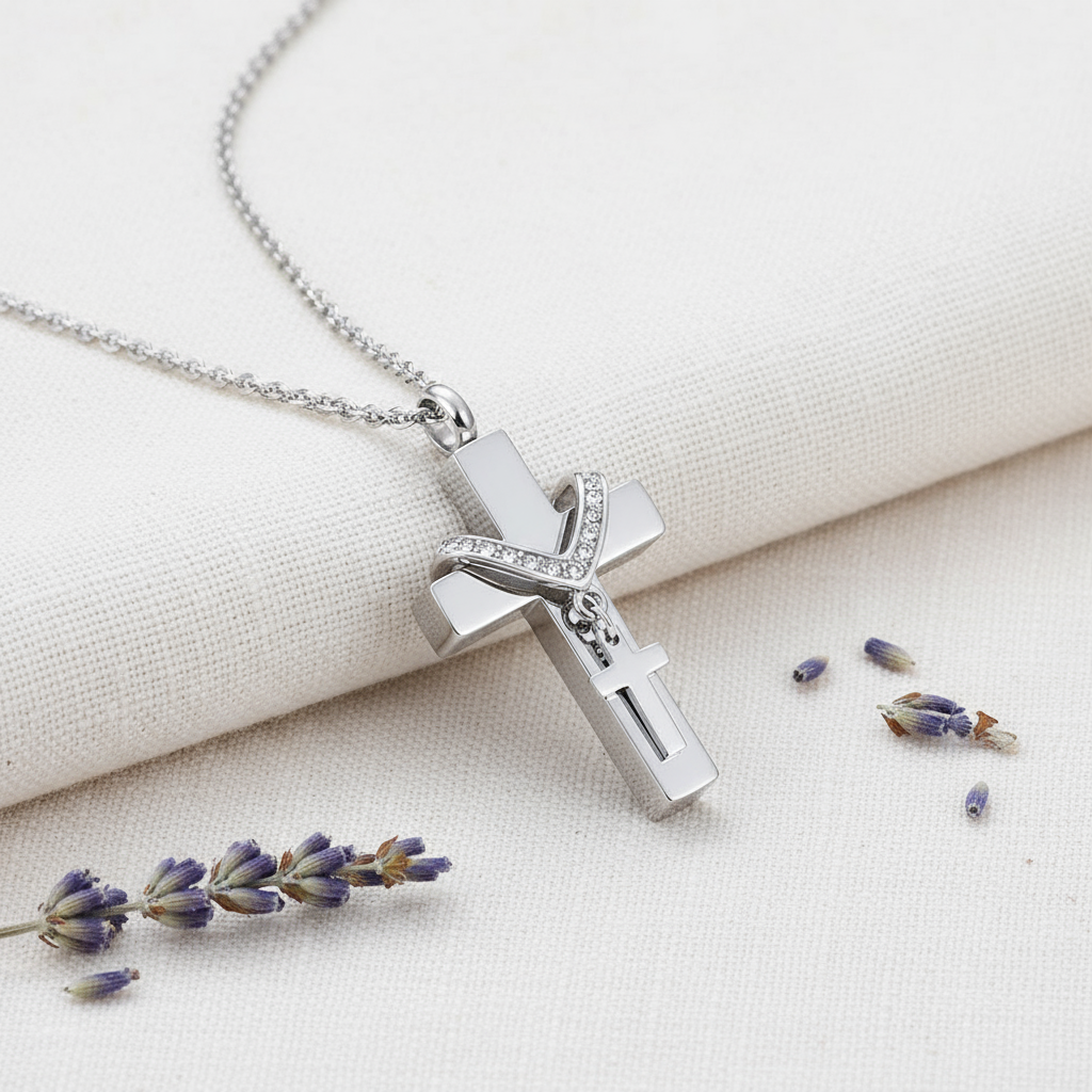 Elegant silver cremation necklace with cross pendant and crystal detailing, resting on ivory linen with dried lavender