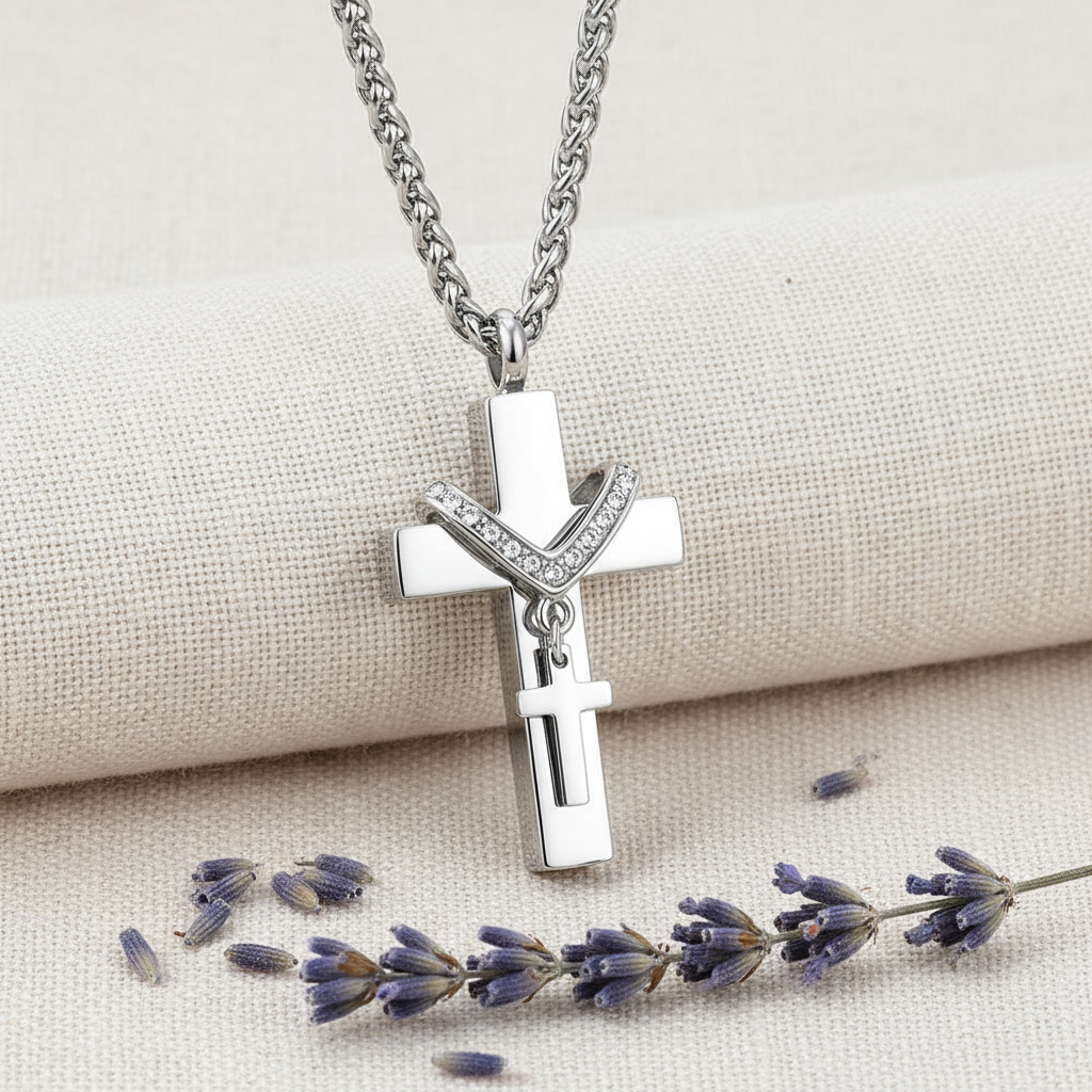 Silver cremation cross necklace with crystal accents, centered on soft linen and lavender sprigs